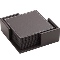 cofv 商務方形杯墊 杯托 6入 + 收納盒套組, 棕色, 1套