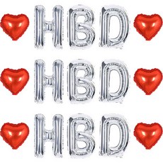 조이파티 알파벳 HBD 은박풍선 소 3종 x 3p + 미니하트 은박풍선 6p 세트, 실버(알파벳 은박풍선), 레드(미니하트 은박풍선), 1세트