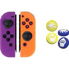 이이네 닌텐도 스위치 조이콘 아날로그 스플래툰 테마 스틱 커버 4종 + 조이콘 실리콘 커버 세트, 퍼플 + 오렌지, 1세트