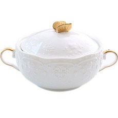 摩登圓形陶瓷附蓋湯碗 280ml 15.5 x 11.5 x 9.5 cm YJ317, 白金蝴蝶, 1個