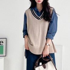 Tteugaejin 女款寬鬆版型側開衩不對稱撞色針織精華背心