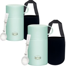 DIYOU 不鏽鋼保溫便當粥桶 600ml 2入 + 不鏽鋼搖擺湯匙 2入 + 專用袋 2入 套組, 薄荷綠, 薄荷綠, 1套