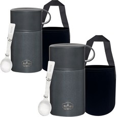 DIYOU 不鏽鋼保溫便當粥桶 600ml 2入 + 不鏽鋼搖擺湯匙 2入 + 專用袋 2入 套組, 炭灰色, 炭灰色, 1套