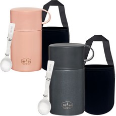 DIYOU 不鏽鋼保溫便當粥桶 600ml 2入 + 不鏽鋼搖擺湯匙 2入 + 專用袋 2入 套組, 粉紅色, 炭灰色, 1套