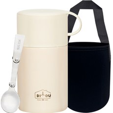 DIYOU 不鏽鋼保溫便當粥桶 + 不鏽鋼摺疊湯匙 + 專用收納袋組合, 象牙白色, 1套