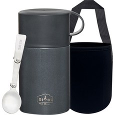 DIYOU 不鏽鋼保溫便當粥桶 + 不鏽鋼摺疊湯匙 + 專用收納袋組合, 炭灰色, 1套
