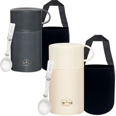 DIYOU 不鏽鋼保溫便當粥桶 600ml 2入 + 不鏽鋼搖擺湯匙 2入 + 專用袋 2入 套組, 象牙白, 炭灰色, 1套