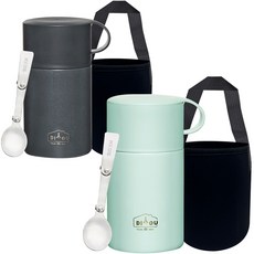 DIYOU 不鏽鋼保溫便當粥桶 600ml 2入 + 不鏽鋼搖擺湯匙 2入 + 專用袋 2入 套組, 薄荷綠, 炭灰色, 1套