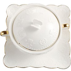 Modern G 圓形陶瓷附蓋湯碗 280ml + 正方形盤 15.5 x 15.5 x 2 cm 套組 YJ317, 白色蝴蝶, 1個