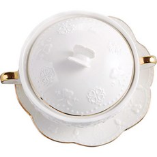 Modernji 圓形陶瓷附蓋湯碗 280ml + 圓形盤 15 x 15 x 2 cm 套組 YJ317, 白色蝴蝶, 1個