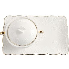 Modern G 圓形陶瓷附蓋湯碗 280ml + 長方形盤 25 x 15.5 x 2 cm 套組 YJ317, 白色蝴蝶, 1個