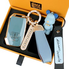 GMZ MOTORS Kia汽車專用 TPU 智慧鑰匙扣 鑰匙圈 保護殼+電話號碼掛繩+皮革掛繩+小熊鑰匙圈組合, AK-08, 灰藍色