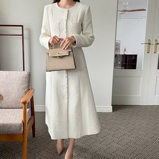 ViVEMO 正式粗花呢鈕扣西裝長版洋裝 05151, 白色