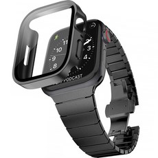 뷰씨 애플워치 호환 링크브레이슬릿 스트랩 밴드 + 풀커버 일체형 스퀘어 케이스 세트, 블랙