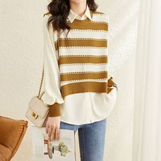 아뗄릭 여성용 스트라이프 니트 짜임 레이어드 카라 티셔츠 02808