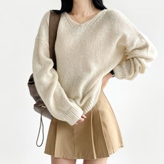 Planday 女款厚實素色基本款寬鬆V領長袖針織衫