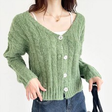 플랜데이 여성용 알파카 울 오버핏 꽈배기 니트 긴팔 크롭 가디건