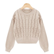KnitNJean 女款寬鬆毛絨麻花紋圓領針織衫