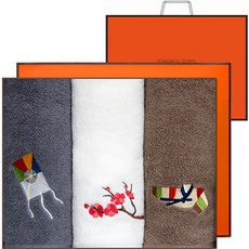 Songwol 松月 精美刺繡毛巾 3入 禮品組 150g 棉紗 + 購物袋, 象牙白 + 深灰色 + 深棕色, 1套