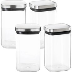 HelloKitchen 不鏽鋼蓋方形耐熱玻璃瓶, 密封玻璃瓶 800ml, 4個