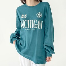 플랜데이 여성용 미시간 레터링 박스핏 맨투맨 긴팔 롱 티셔츠