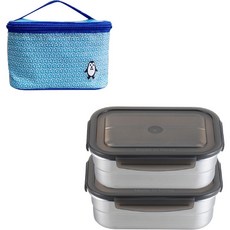 ALL POOM LOCK 不鏽鋼2層便當盒密封容器 2種+蓋子 2入+便當袋組, 灰色, 1組