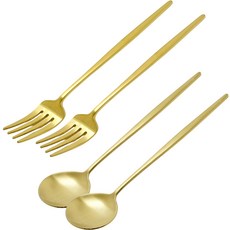 Table Art 韓國製 Abella 霧面中湯匙 2p + 中叉子 2p 組, 金色, 湯匙(2入) + 叉子(2入), 1套