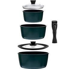 En tus manos 電磁爐適用多功能鍋 18cm+鍋 20cm+鍋 24cm+玻璃鍋蓋+矽膠鍋蓋+可拆式把手組 6個, 深綠色（盆栽）, 3種鍋具+2種蓋子+黏性手柄, 1組