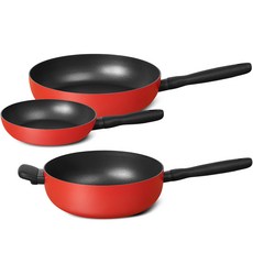MEYER 美亞 Bauhaus感應爐適用系列鍋具 3種組, 紅色, 平底鍋 20cm+平底鍋 28cm+多功能鍋 26cm, 1組