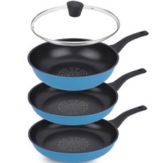 Kitchen-Art 優質柔色鍋具4件組, 平底鍋 30cm+平底鍋 30cm+炒鍋 30cm+玻璃鍋蓋 30cm, 淺藍色, 1組