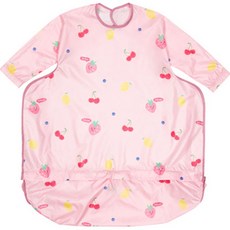 孩童用餐防水拉鍊長版圍兜 長袖型, 粉色(草莓), 1件, 1件