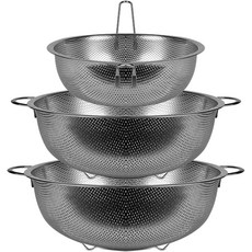 QUEEN SENSE Seshin 沖孔瀝水籃 不鏽鋼圓形篩網 單柄 + 雙柄 2件組, 銀色, 1套