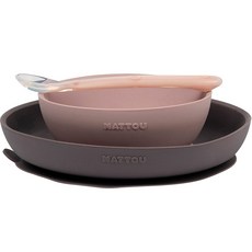 NATTOU 幼兒用矽膠餐盤吸盤碗+吸盤盤子+湯匙組, 1套, 粉灰色