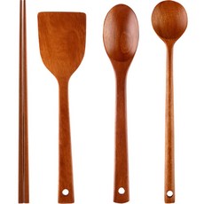 棗木烹飪用具4件組, 油炸筷 + 方形鍋鏟 + 拌炒匙 + 沙拉匙, 單一顏色, 1套