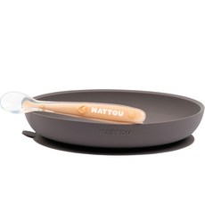 NATTOU 幼兒矽膠吸盤餐盤 + 湯匙組, 1套, 深灰色