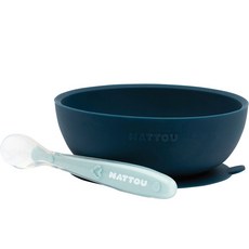 NATTOU 幼兒矽膠吸盤碗 + 湯匙組, 藍色, 1套