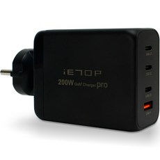 iETOP 200W GAN 超高速 Type-C USB 多孔充電器, 黑色, 1個