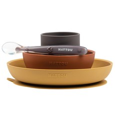 NATTOU 幼兒用矽膠晚餐吸盤碗+吸盤盤+杯子+湯匙組, 1組, 灰黃色