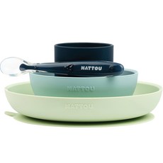 NATTOU 幼兒矽膠晚餐吸盤碗+吸盤盤+杯子+湯匙組, 1組, 綠，藍