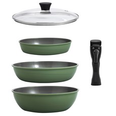 엔뚜마노 인덕션 멀티그릴 세트 4개, 에메랄드, 그릴팬 24 x 18 cm + 프라이팬 26cm + 웍 유리뚜껑 26cm + 착붙 핸들, 1세트