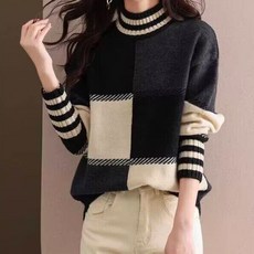 ATTERLIC 女款半高領撞色方格圖案厚實針織毛衣 03007