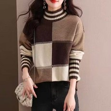 ATTERLIC 女款半高領撞色方格圖案厚實針織毛衣 03007