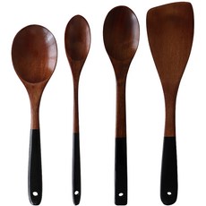 Bloom at home 塗漆烹飪工具4件組, 斜口鍋鏟 + 小號拌炒匙 + 中號拌炒匙 + 中號拌炒鏟, 黑色, 1套