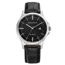 ROMANSON De Arbon Sleek Date 銀色錶盤黑色皮革手錶 + 禮物包裝