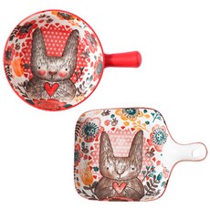 윌리브 동물캐릭터 도자기 손잡이 볼 + 손잡이 접시 세트, 레드, 1세트