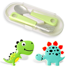 FlexLock 幼兒用 我來裝飾 湯匙叉子餐具盒組, 湯匙 + 叉子 + 餐具盒 + Flex吊飾 暴龍 & 劍龍, 綠色, 1套