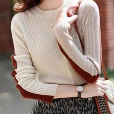 메이첼 여성용 라운드 배색 포인트 니트 티셔츠 04148