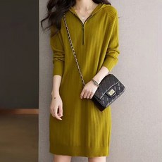 아뗄릭 캐주얼 지퍼 후드넥 주름 포인트 미디 원피스 03008