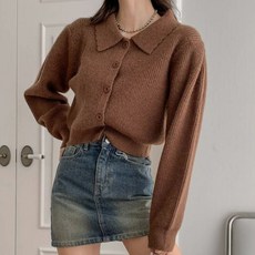 KnitNJean 女款 Morgan 彈力羅紋泡泡袖翻領短版開襟衫