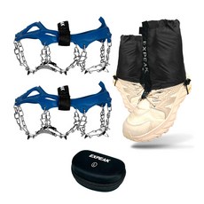 Expeak Tundra 13P 冰爪 雙腳穿戴 + 越野短版綁腿 左右 + 硬殼收納盒套組, 海軍藍(冰爪), 黑色(綁腿)